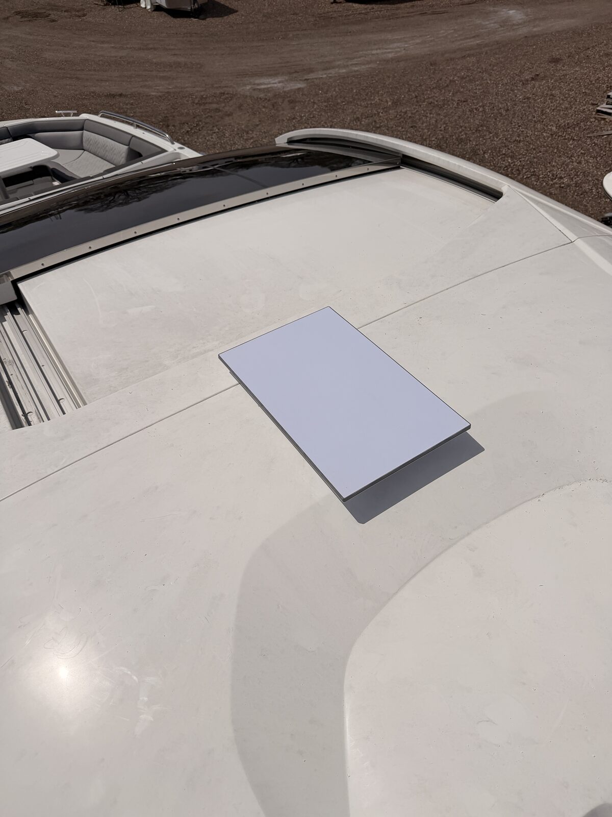 Helm install — Starlink Standard Flat High Performance antenna on a Galeon 375 hardtop, on-the-hard for off-season install