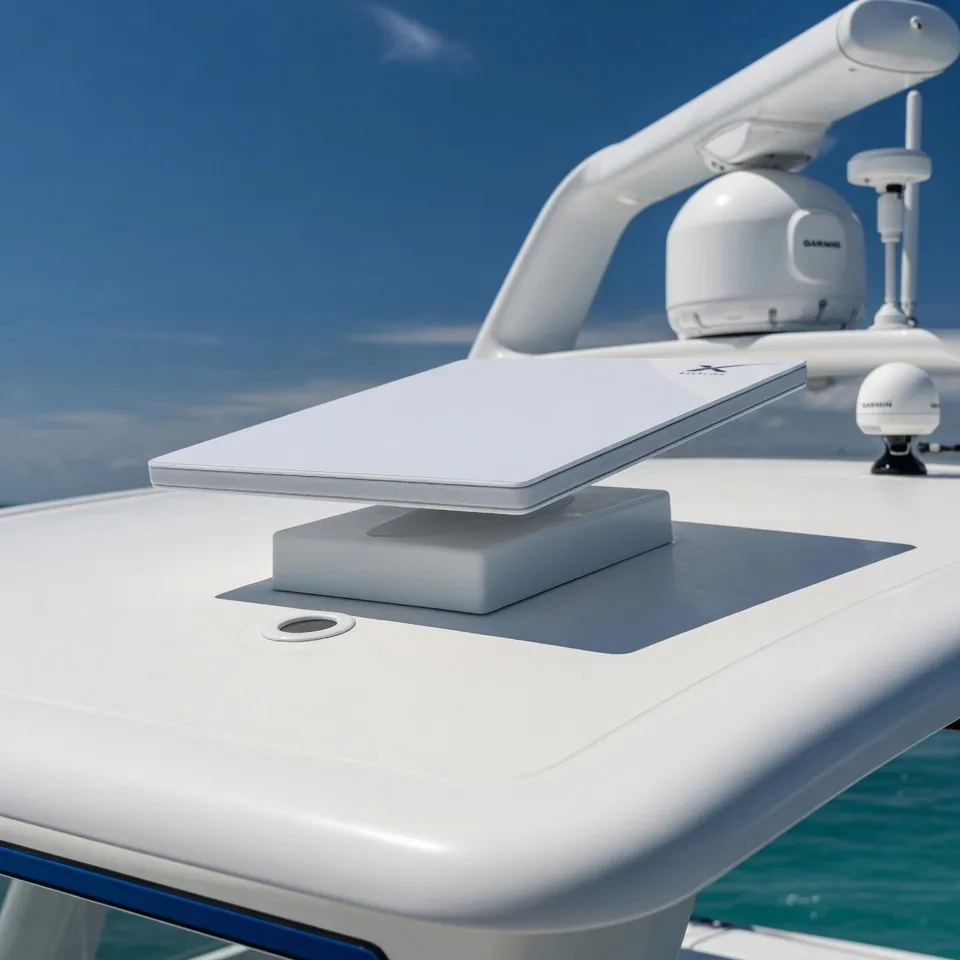 Starlink dish mounted on a boat